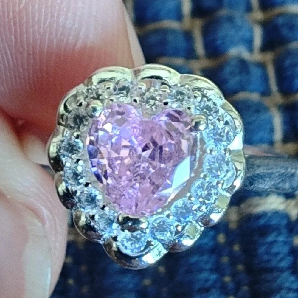 Silver and Pink Heart Ring Halo Size 5